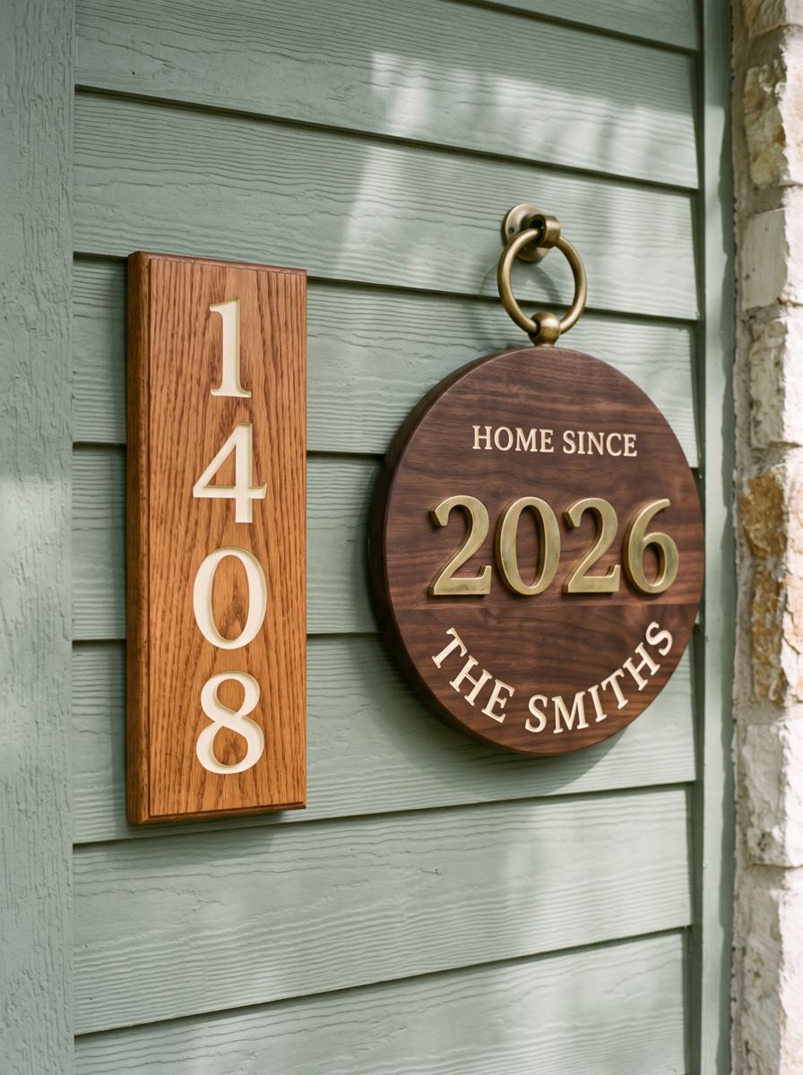 Carved house-number and family established signs on a home