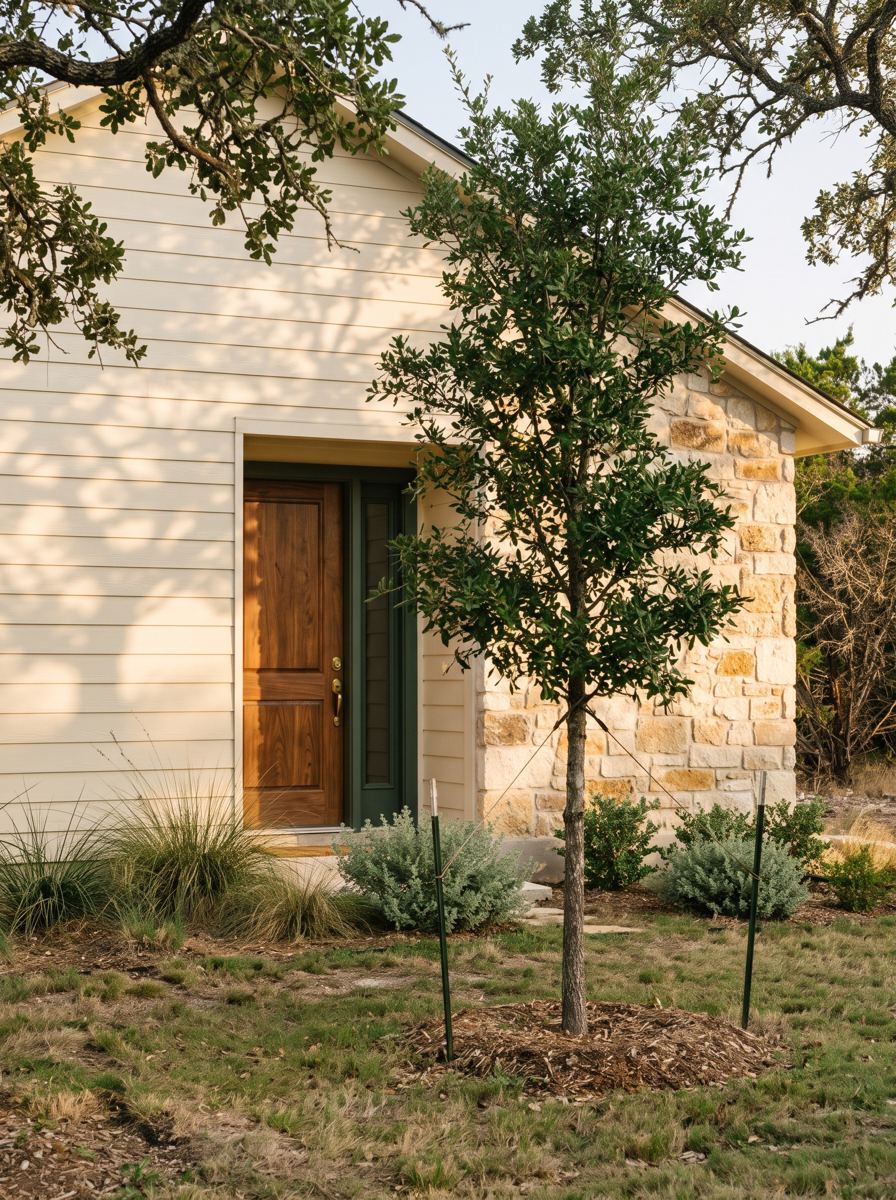 A newly built home with young trees