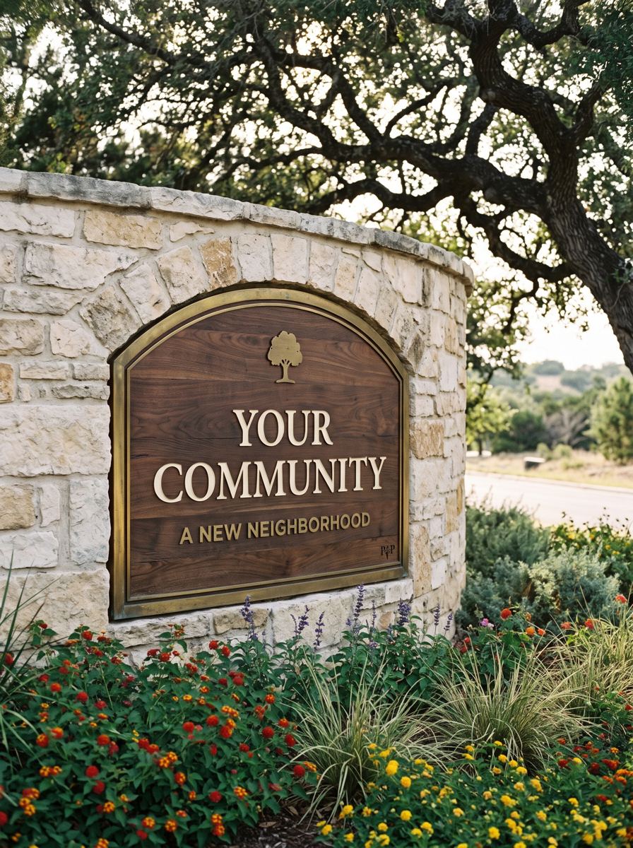 Carved HDU entrance sign set in a stone monument