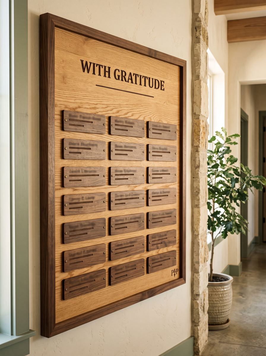 Carved donor wall with rows of name plates