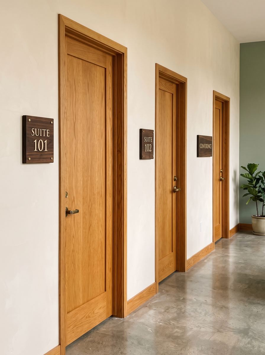Matching carved suite signs along an office hallway