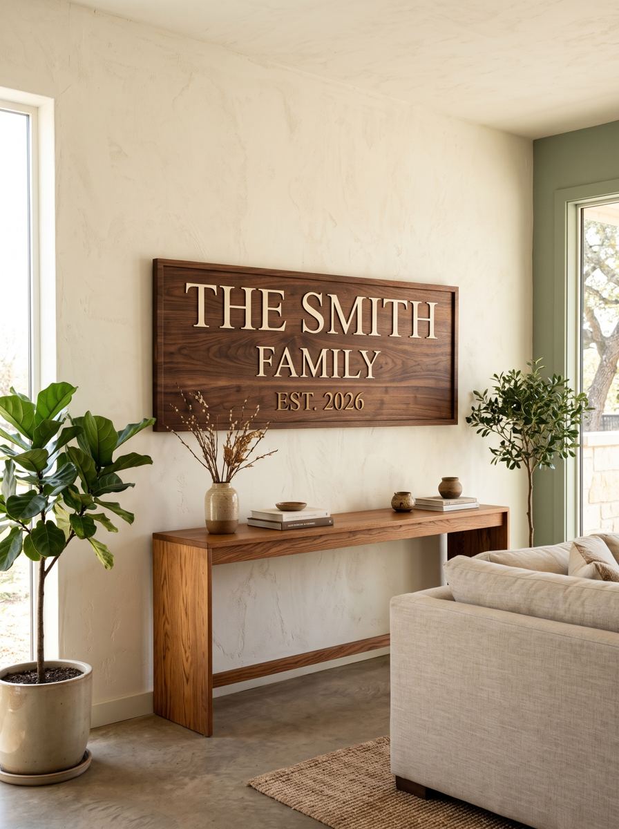Carved family-name sign hanging in a living room