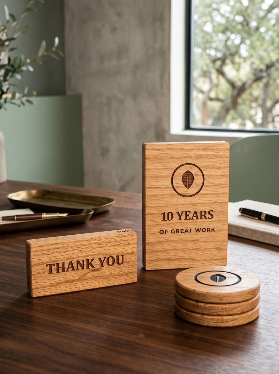 Carved wooden desk blocks and coasters with a logo