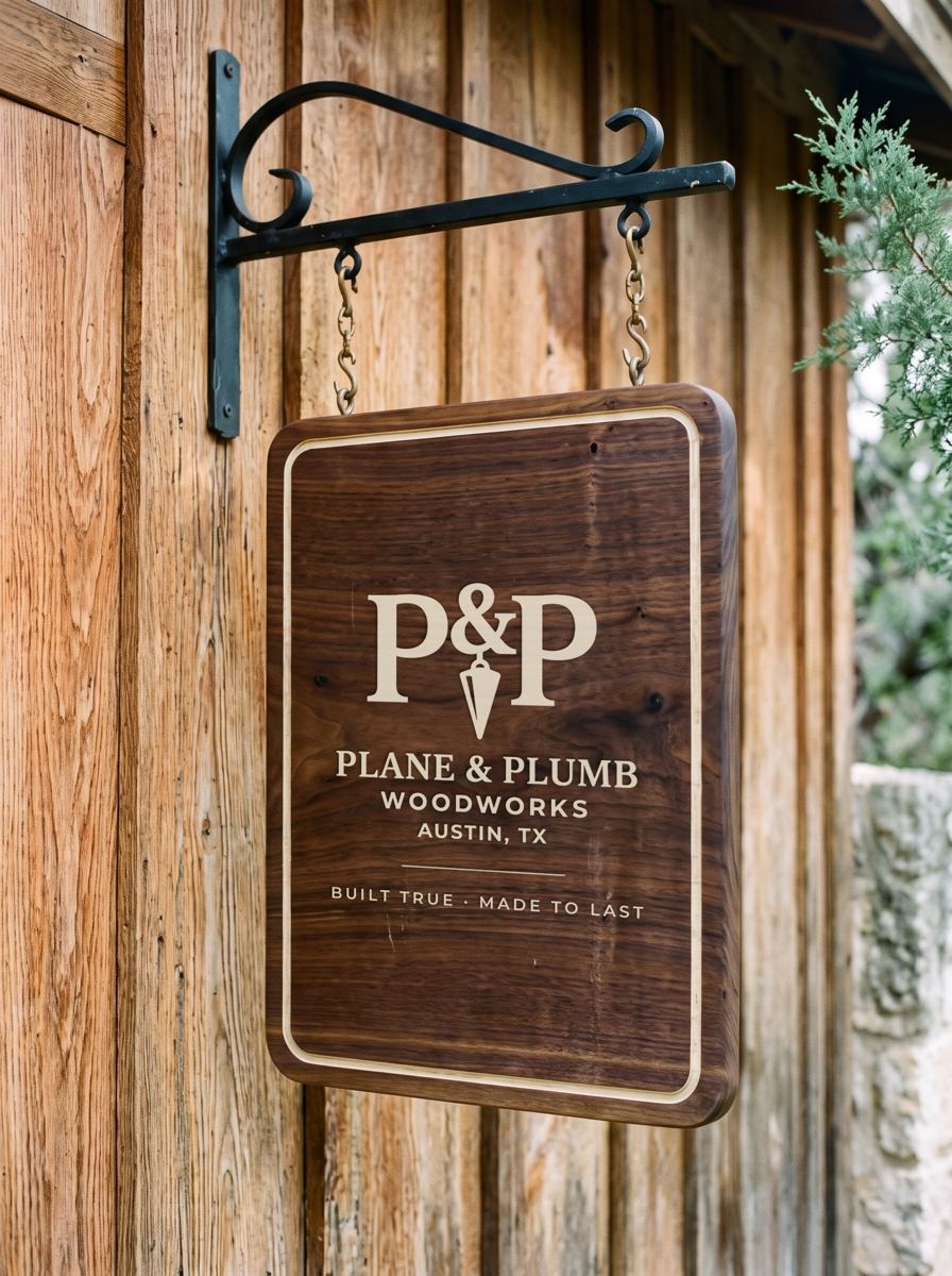 A hanging walnut sign carved with the Plane and Plumb Woodworks logo