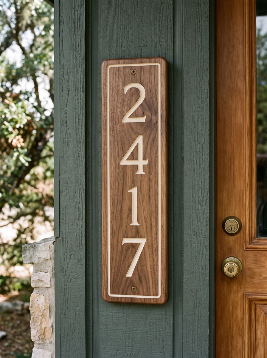 Carved house-number sign beside a front door