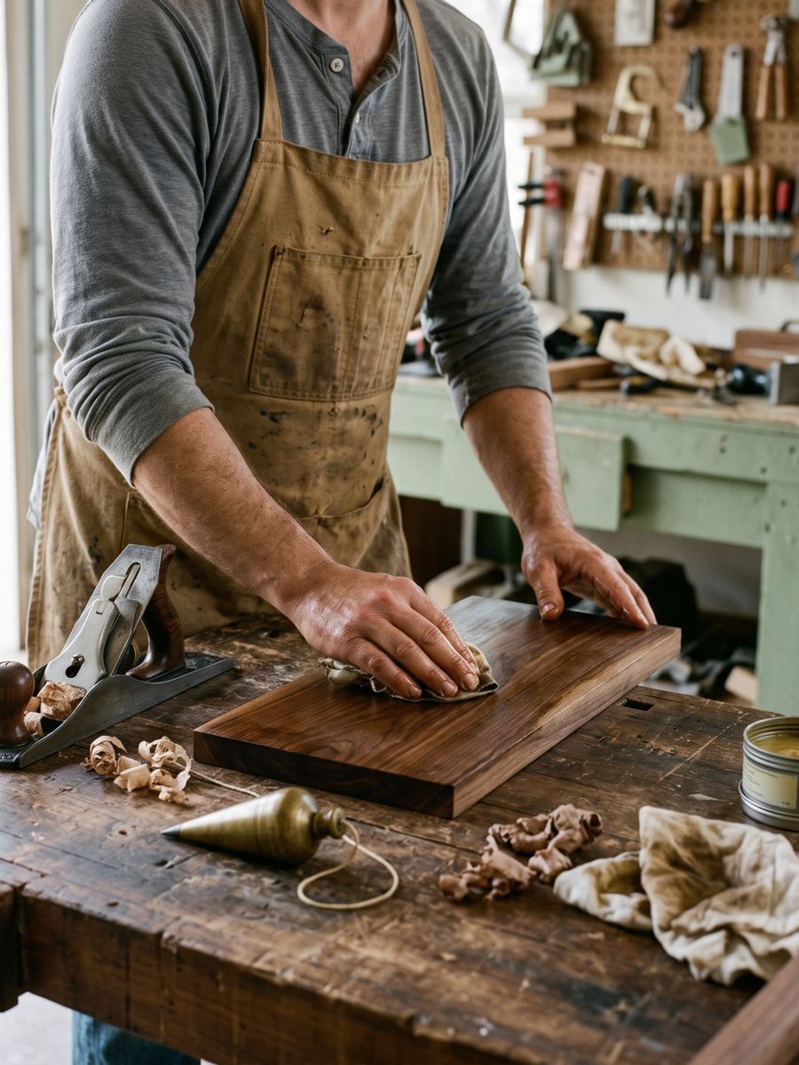 The maker at a workbench finishing a walnut sign