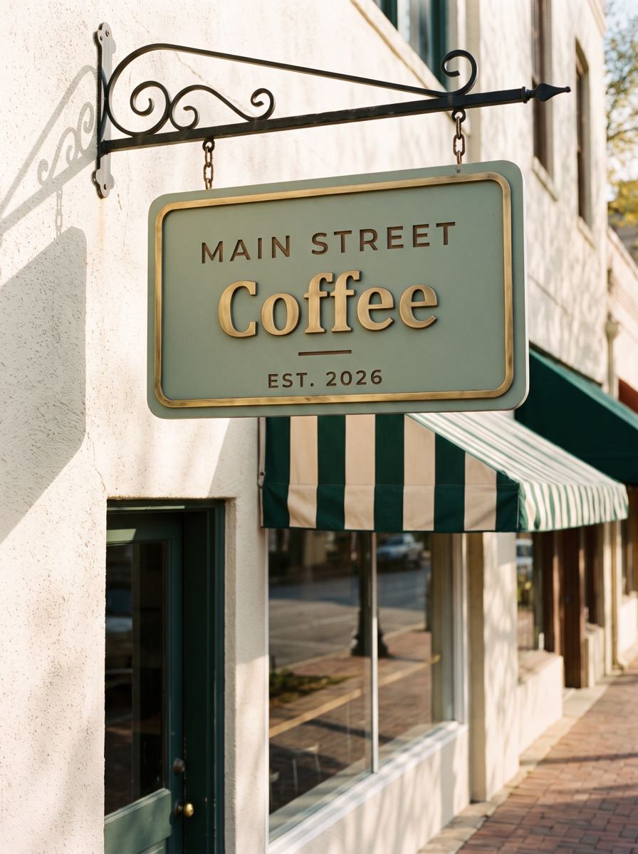 Carved storefront hanging sign for a coffee shop